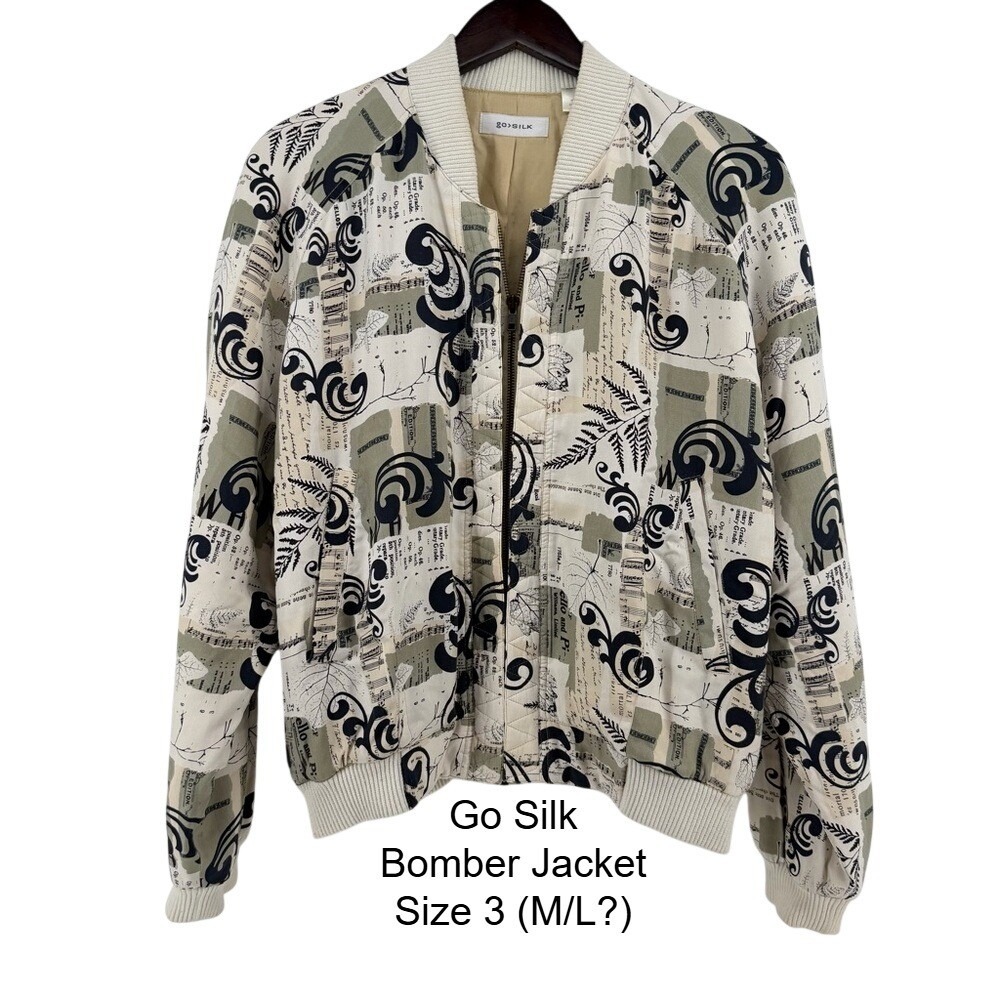 Go‎ Silk VTG Newsprint Music Scroll Print Silk Bomber Jacket Cream Size 3 (M/L)